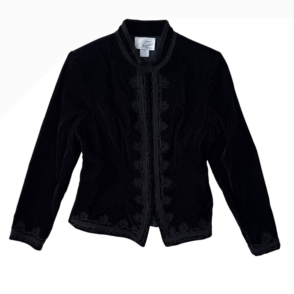 VINTAGE Farinae Collection Black Velvet Evening Jacket Soutache Embroidery Sz 8